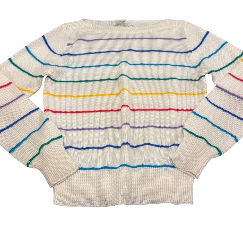 Vintage 70s/80s White Rainbow Striped Boat Neck Sweater Retro Sexy California  M